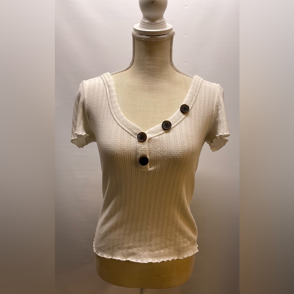 American Eagle Outfitters Tops Aeo V-Neck Thin Knit Lettuce Hem Tee Sz S